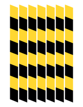 Load image into Gallery viewer, The Wondermom Shop&#39;s Police Station Pretend Play set features six yellow and black striped columns aligned vertically against a white background, creating an ideal setting for imaginative play.
