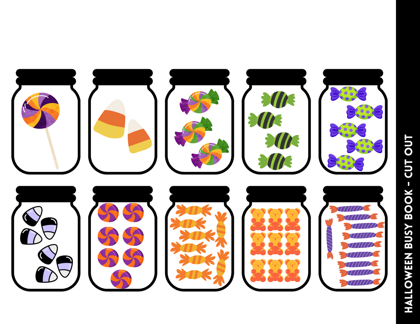 Illustration of jars filled with various Halloween candies, featuring lollipops, candy corn, and wrapped sweets in different colors and patterns—ideal for sparking Halloween-themed activities found in the Wondermom Shop's Halloween Busy Book for Kids, designed for learning through play.