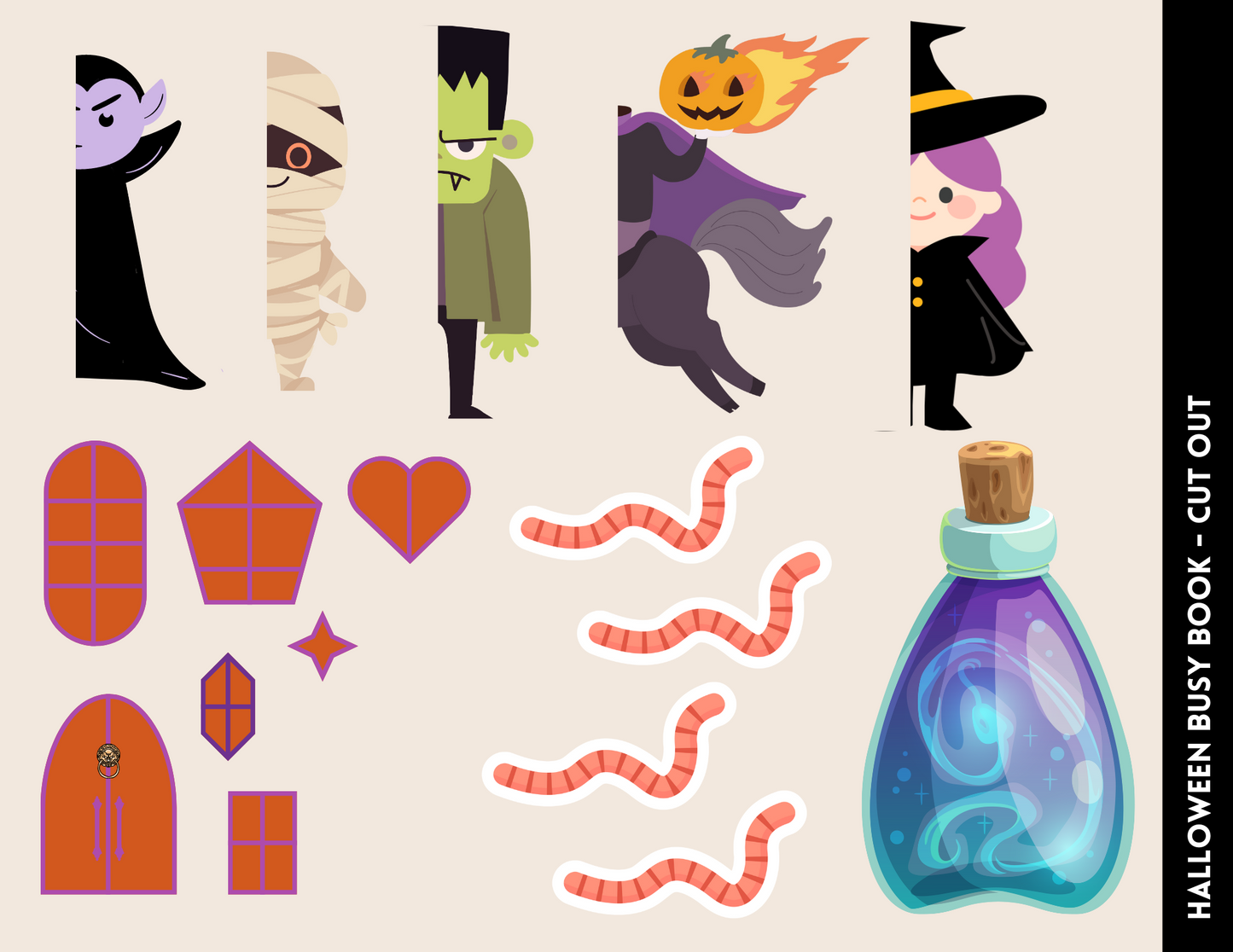 Illustrated cut-out figures of a vampire, mummy, Frankenstein, witch, and a potion bottle create the perfect atmosphere for Halloween-themed activities. Featuring door shapes, hearts, stars, and worms on a beige background, the Halloween Busy Book for Kids by Wondermom Shop is ideal for engaging fun while enhancing social-emotional learning.