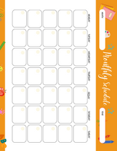 Load image into Gallery viewer, A printable School Planner with school supplies on an orange background from Wondermom Shop.
