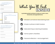 Load image into Gallery viewer, Preview The Happy Home Blueprint Workbook by Wondermom Shop—printable tools to simplify your home life, with habit trackers, mindset guides, routines, meal planners, cleaning checklists, and reflection sheets.
