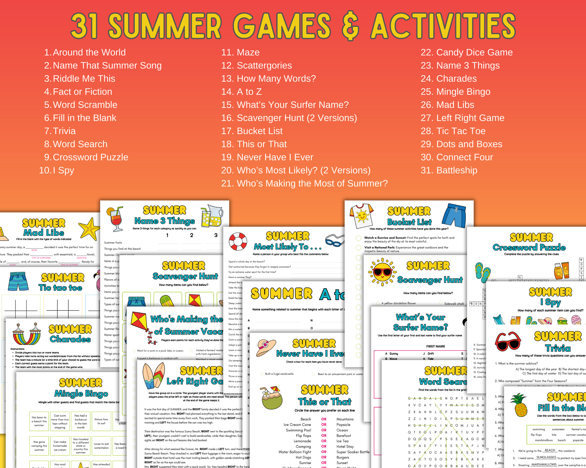 A vibrant list titled "31 Summer Games & Activities" showcases the Summer Game Pack from Wondermom Shop, featuring an array of printable summer-themed games and activities, including word searches, scavenger hunts, and brain teasers.