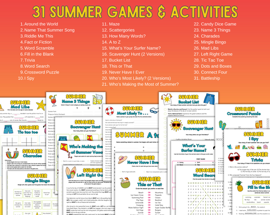 A vibrant list titled "31 Summer Games & Activities" showcases the Summer Game Pack from Wondermom Shop, featuring an array of printable summer-themed games and activities, including word searches, scavenger hunts, and brain teasers.