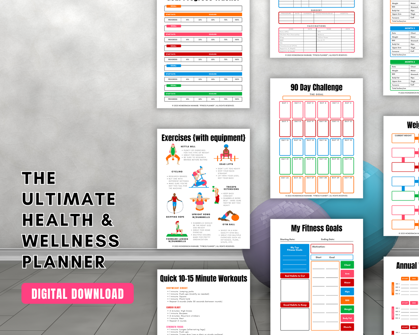 The Ultimate Health & Wellness Planner by Wondermom Shop showcases habit trackers, fitness goals, a 90-day challenge, and quick workouts on light gray backgrounds with scattered gym balls.