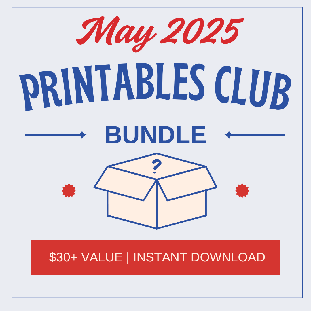 Box graphic with a question mark, text reads "May 2025 Printables Club Bundle" by Wondermom Shop, and "$30+ value | Instant download" on a red banner—ideal for organizational tools or a fun family activity set.