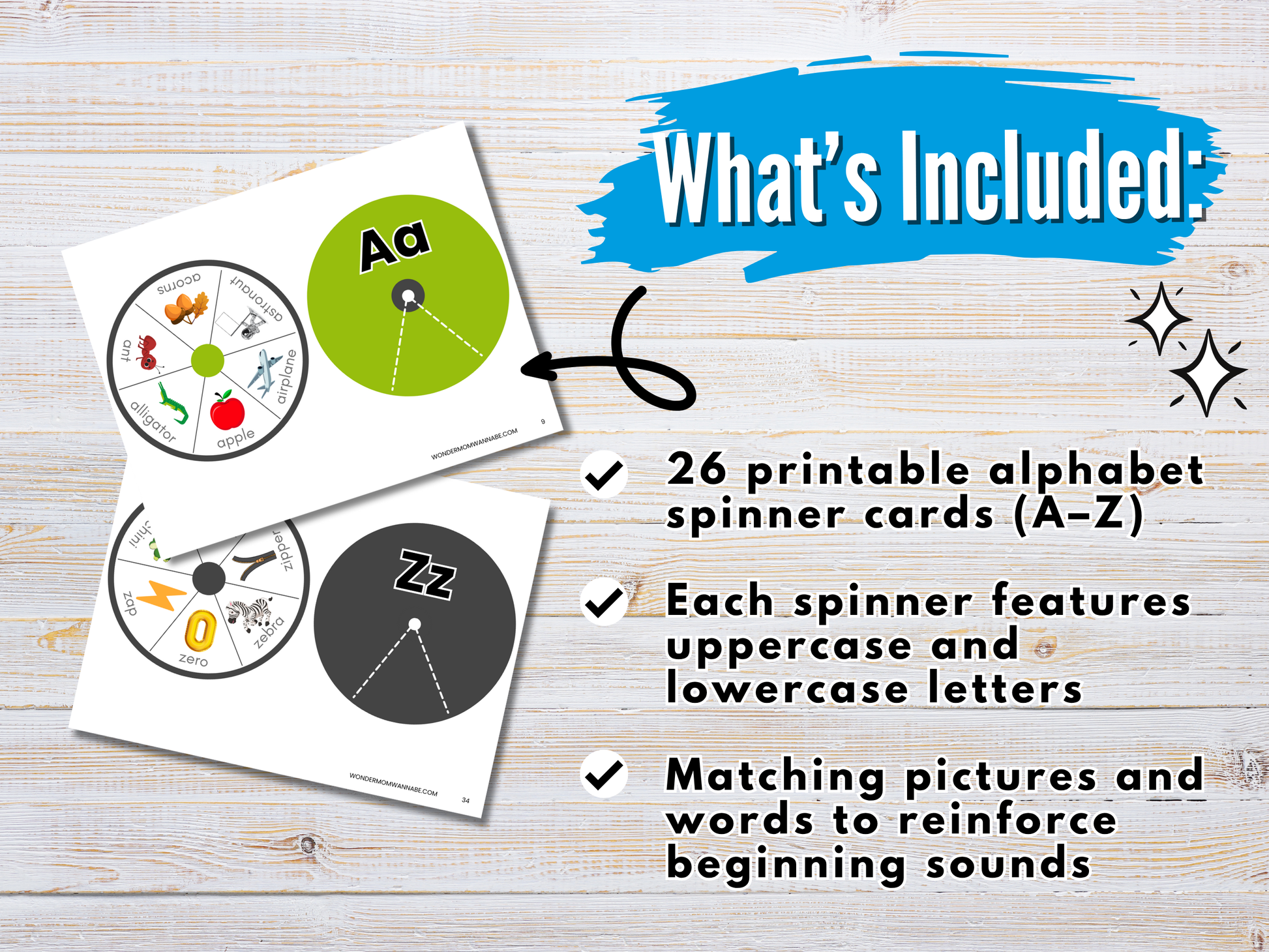 What's Included: See two sample cards from Wondermom Shop’s Alphabet Spin & Learn – Printable Letter Spinners, each featuring letters, pictures, and words for a fun alphabet activity reinforcing letter recognition and beginning sounds.