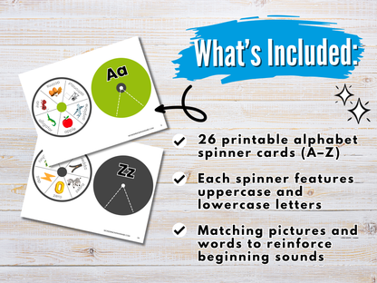 What's Included: See two sample cards from Wondermom Shop’s Alphabet Spin & Learn – Printable Letter Spinners, each featuring letters, pictures, and words for a fun alphabet activity reinforcing letter recognition and beginning sounds.