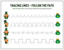 Load image into Gallery viewer, The Wondermom Shop’s St. Patrick’s Day Activity Pages provide an interactive, printable worksheet for preschoolers, featuring four tracing lines leading to pots of gold with cheerful leprechauns—perfect for festive educational fun!.
