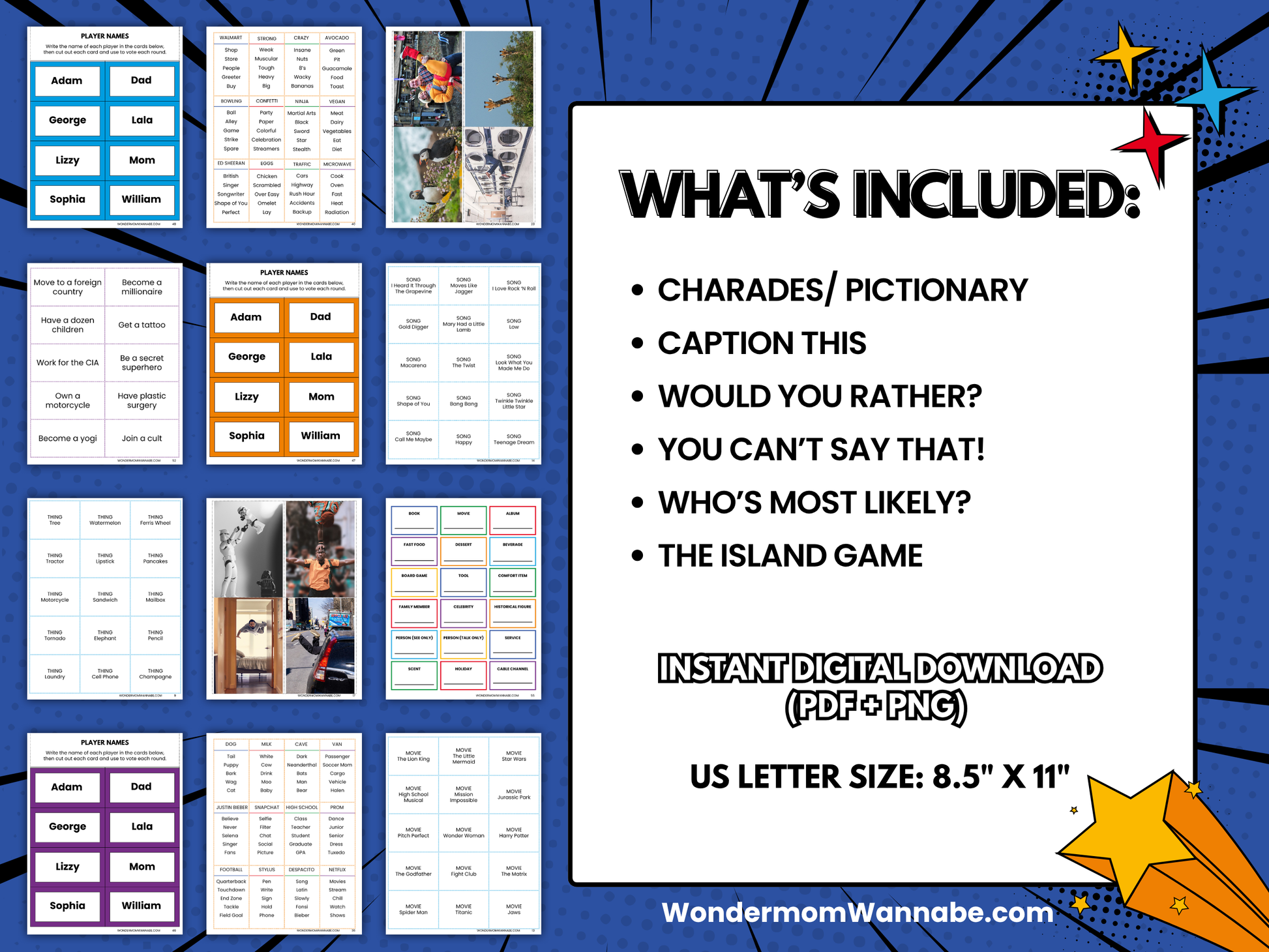 Image of the Wondermom Shop Family Fun Game Pack overview features included family games, sample cards, and instant digital download details in PDF/PNG formats, sized 8.5" x 11".