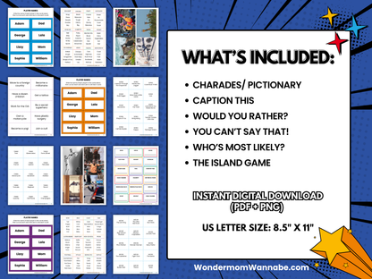 Image of the Wondermom Shop Family Fun Game Pack overview features included family games, sample cards, and instant digital download details in PDF/PNG formats, sized 8.5" x 11".