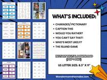 Load image into Gallery viewer, Image of the Wondermom Shop Family Fun Game Pack overview features included family games, sample cards, and instant digital download details in PDF/PNG formats, sized 8.5&quot; x 11&quot;.
