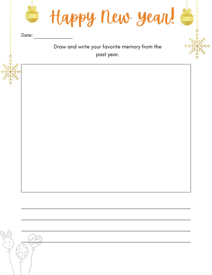 The Wondermom Shop's Kid’s New Year’s Eve Pack includes a themed worksheet with reflection and goal-setting pages, space to draw and write about favorite memories, all beautifully adorned with ornaments and snowflakes.