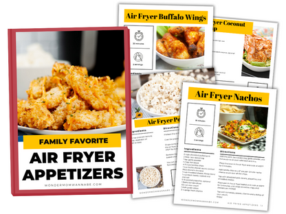 The "Family Favorite Air Fryer Appetizers Digital Cookbook" by Wondermom Shop features recipe cards for crispy appetizers like Buffalo Wings, Coconut Shrimp, Popcorn, and Nachos.