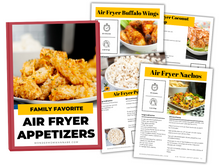 Load image into Gallery viewer, The &quot;Family Favorite Air Fryer Appetizers Digital Cookbook&quot; by Wondermom Shop features recipe cards for crispy appetizers like Buffalo Wings, Coconut Shrimp, Popcorn, and Nachos.
