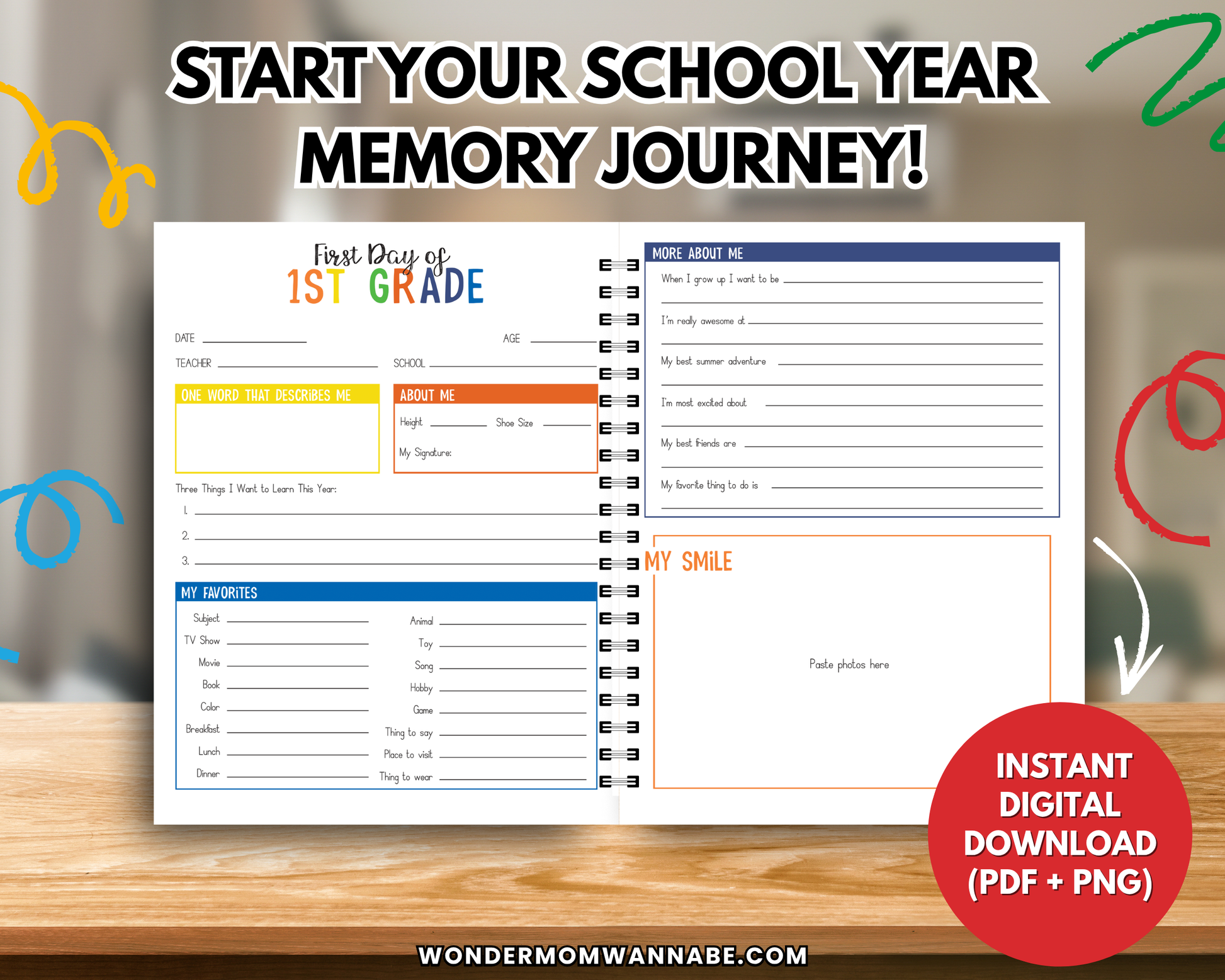 Open the spiral-bound "School Time Capsule" memory book by Wondermom Shop on a desk, with sections to fill out about your child—a perfect digital keepsake and instant download for capturing first day of school memories.