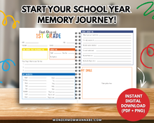 Load image into Gallery viewer, Open the spiral-bound &quot;School Time Capsule&quot; memory book by Wondermom Shop on a desk, with sections to fill out about your child—a perfect digital keepsake and instant download for capturing first day of school memories.
