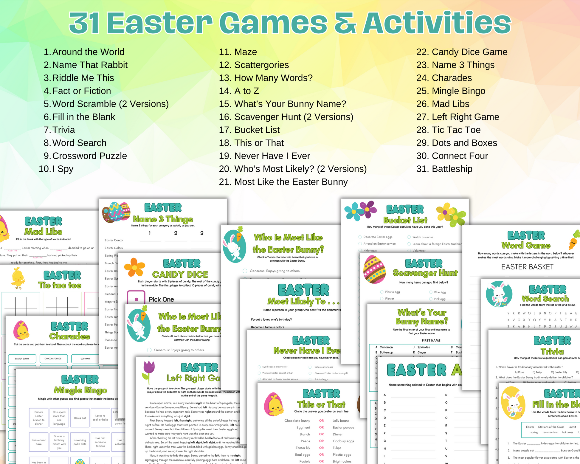 Discover a vibrant range of 31 Easter-themed games and educational activities with the Easter Game Pack by Wondermom Shop, featuring crosswords, word searches, and scavenger hunts for both learning and fun. Explore the various game sheets showcased below.