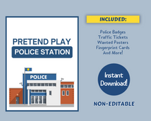 Load image into Gallery viewer, Explore the Wondermom Shop&#39;s Police Station Pretend Play kit, which includes police badges, traffic tickets, and fingerprint cards—ideal for budding young police officers. Available for instant download.
