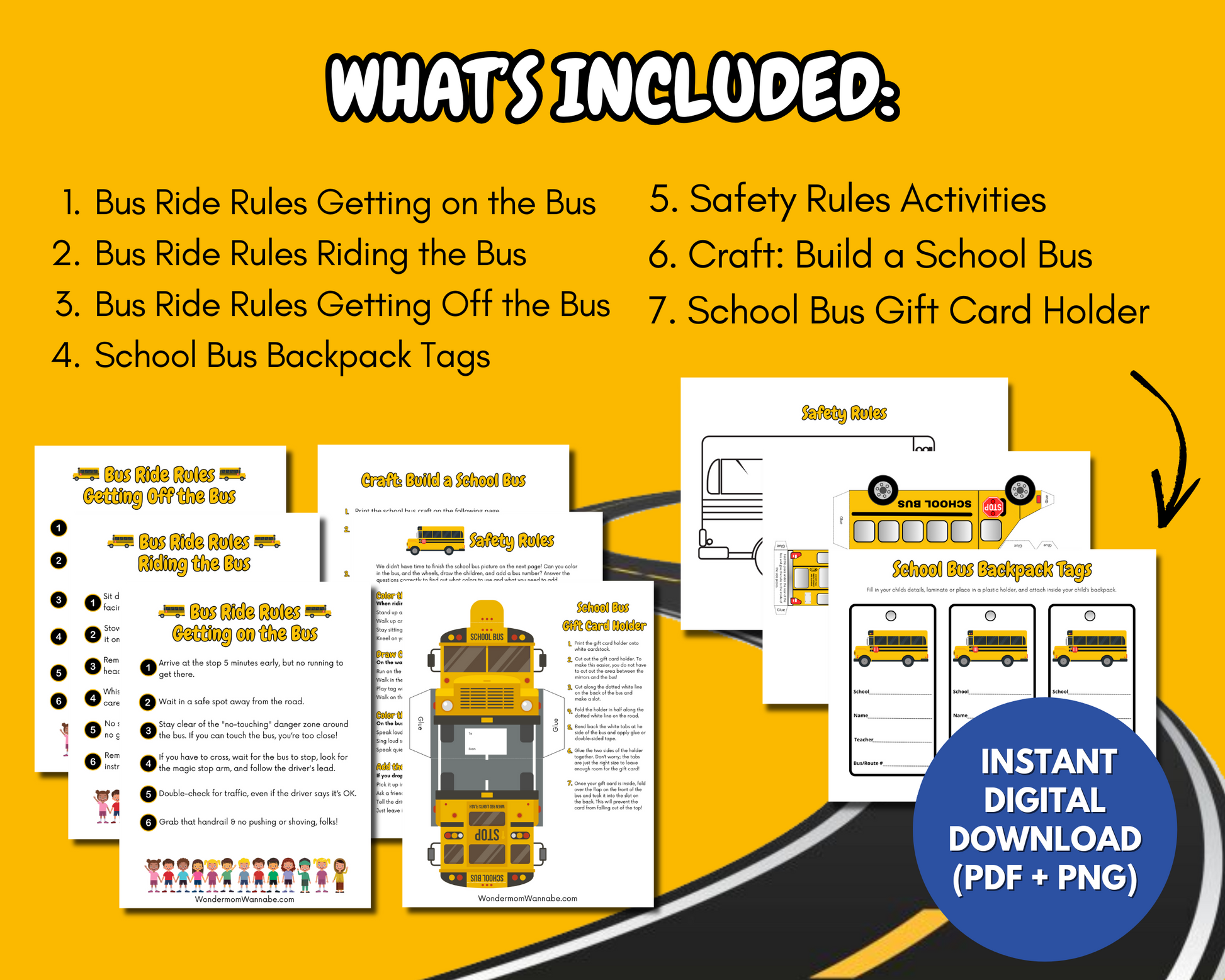 The Wondermom Shop’s School Bus Safety Printable Pack for Kids is a digital download featuring safety rules, activities, crafts, and backpack tags, shown on a yellow background with sample pages.