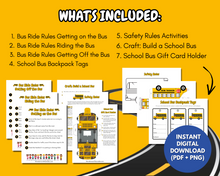 Load image into Gallery viewer, The Wondermom Shop’s School Bus Safety Printable Pack for Kids is a digital download featuring safety rules, activities, crafts, and backpack tags, shown on a yellow background with sample pages.
