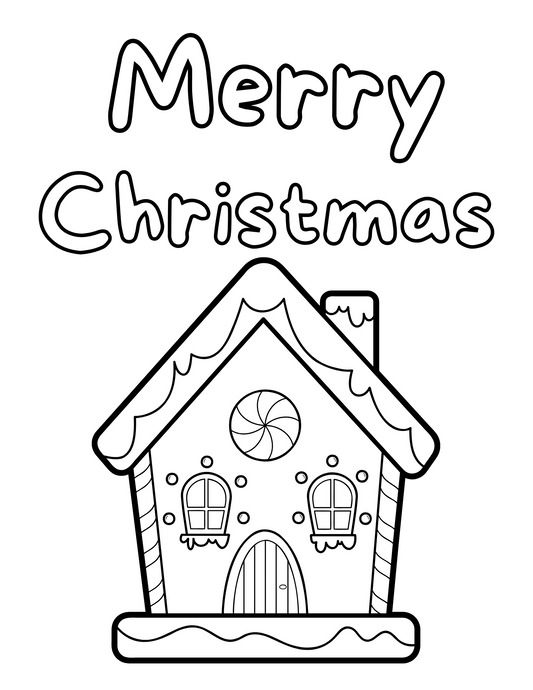 Printable Christmas coloring pages for kids featuring a cheerful gingerbread house from Wondermom Shop's Christmas Coloring Pages.