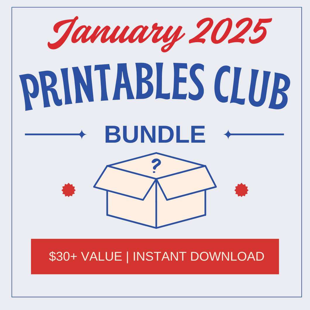 Check out the Wondermom Shop's January 2025 Printables Club Bundle, showcasing a charming box illustration and text highlighting 
