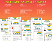 Load image into Gallery viewer, An illustration displaying Wondermom Shop&#39;s Summer Game Pack, a collection of 31 summer-themed printable games bundle, each labeled with different titles like &quot;word scramble&quot; and &quot;maze.
