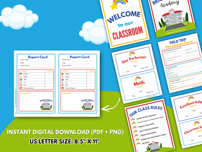 Bright Minds Academy by Wondermom Shop: a colorful printable pretend play school kit for kids, featuring report cards, awards, class rules, permission form, and a welcome sign—perfect for classroom role play!.
