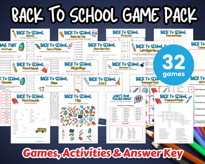 Back to School Game Pack by Wondermom Shop shown as preview sheets with colorful school-themed graphics, featuring 32 printable classroom activities and brain-boosting games for kids.