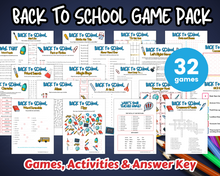 Load image into Gallery viewer, Back to School Game Pack by Wondermom Shop shown as preview sheets with colorful school-themed graphics, featuring 32 printable classroom activities and brain-boosting games for kids.

