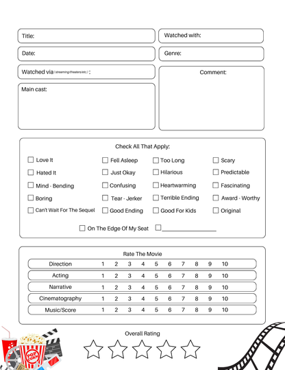 Introducing the ultimate tool for film buffs: the VIP Vault Movie Journal. This review form includes fields for title, companions, date, genre, comments, and main cast. It offers checkboxes for impressions, aspect ratings, and an easy star rating system—ideal for movie nights!.