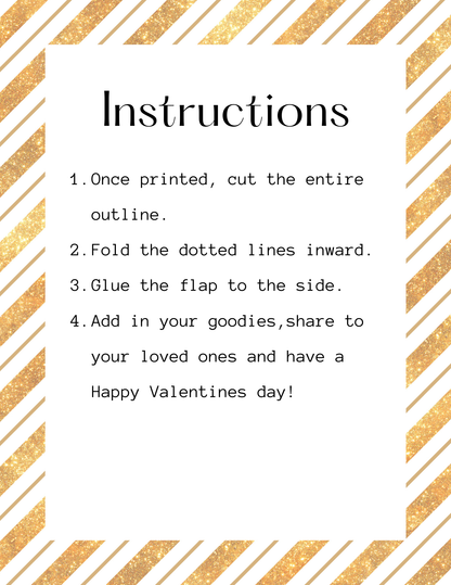 A gold-striped instruction sheet details four steps—cut, fold, glue, add goodies—to create customizable boxes. Inspired by Wondermom Printables' New Year Treat Boxes, they're perfect for Valentine's Day.