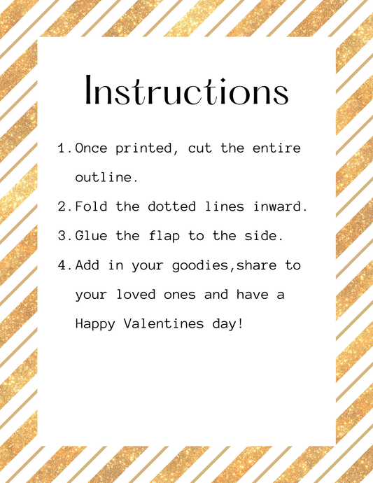 A gold-striped instruction sheet details four steps—cut, fold, glue, add goodies—to create customizable boxes. Inspired by Wondermom Printables' New Year Treat Boxes, they're perfect for Valentine's Day.