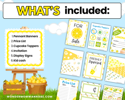 The Lemonade Stand Kit for Kids – Printable Pretend Play Fun! by Wondermom Shop includes pennant banners, price list, cupcake toppers, invitations, display signs, and kid cash—everything needed for a fun pretend play lemonade stand.