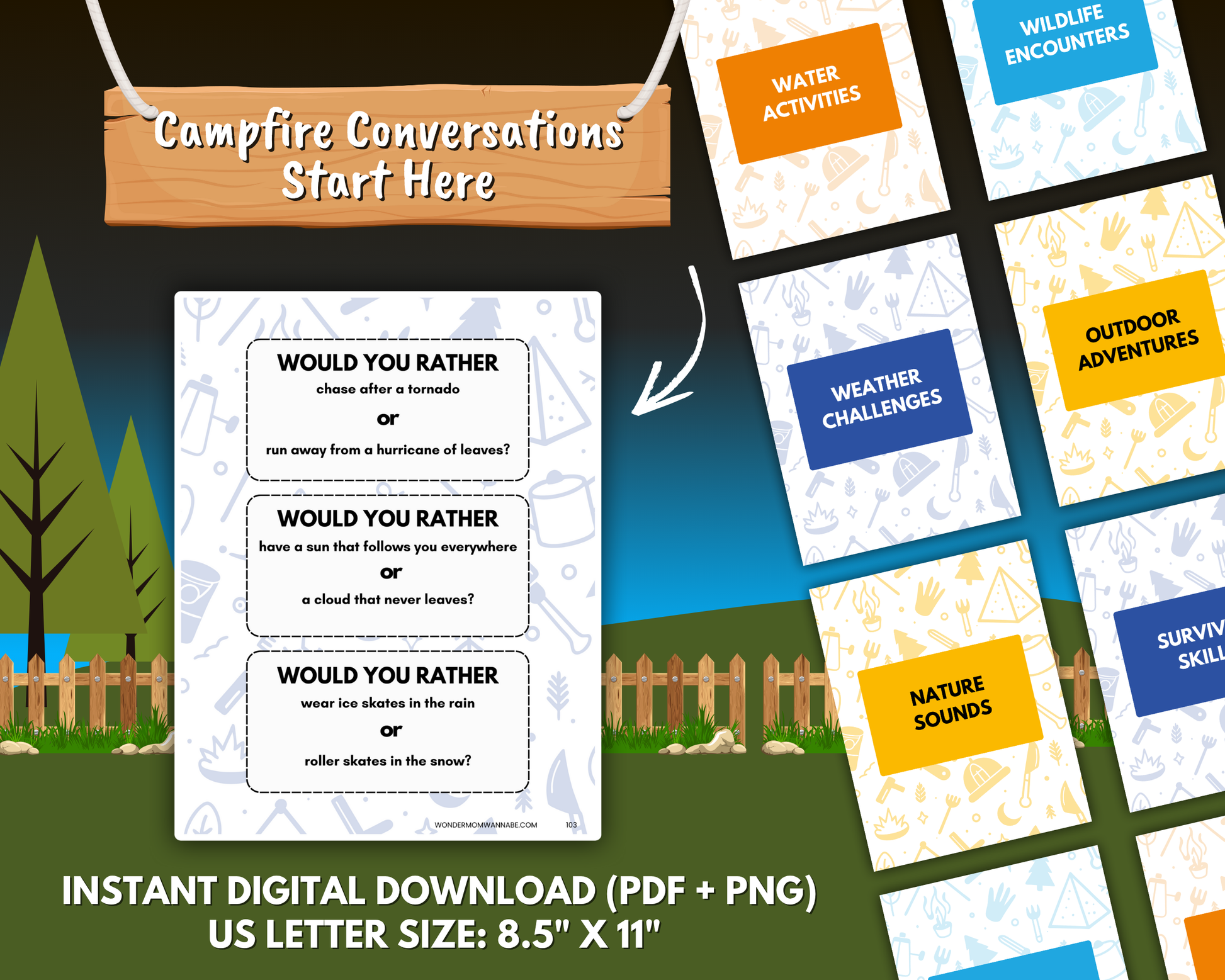 The Would You Rather? Camping Edition – Fun Printable Game for Kids & Families by Wondermom Shop features camping-themed questions on a game sheet, surrounded by cards such as "Water Activities" and "Weather Challenges.