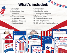 Load image into Gallery viewer, A graphic highlights the Printable 4th of July Party Pack from Wondermom Shop, with red, white, and blue invitations, banners, toppers, labels, and wrappers—just what you need for a patriotic Independence Day celebration.

