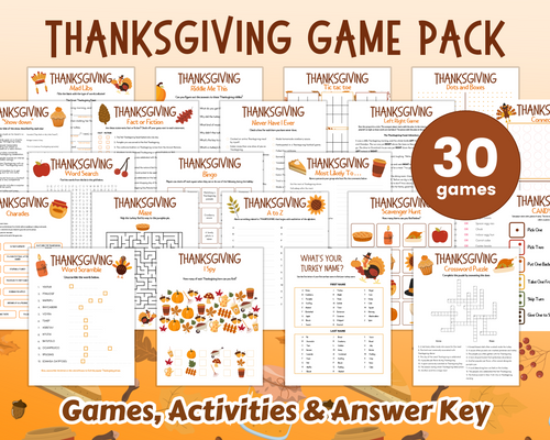 Image of the Ultimate Printable Thanksgiving Game Pack from Wondermom Shop, featuring printable games, worksheets, and puzzles. Perfect for family gathering activities, the pack includes 30 games with activities and an answer key.