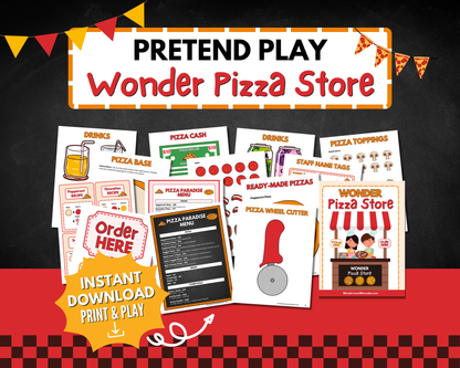 Pretend Play Pizza Store printable pages including pizza boards, open and closed signs, order here signs, pizza cash, drinks, garlic bread, sauces, and menus.