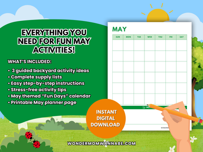 Promotional graphic showing what’s included in the May Family Fun Kit printable download.
