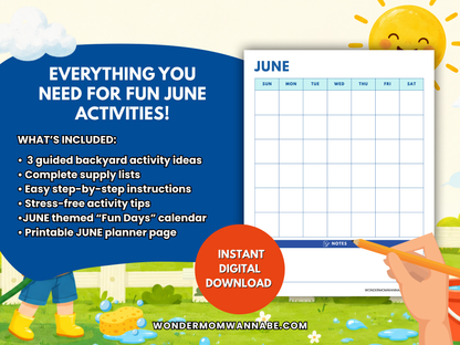 June printable family activity kit with planner page, activity list, and instant digital download badge.