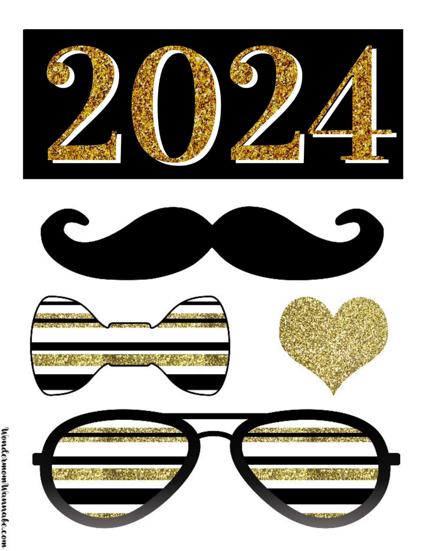 A printable, black and gold VIP Vault New Year's Eve Party Planning Kit featuring a mustache and glasses theme.