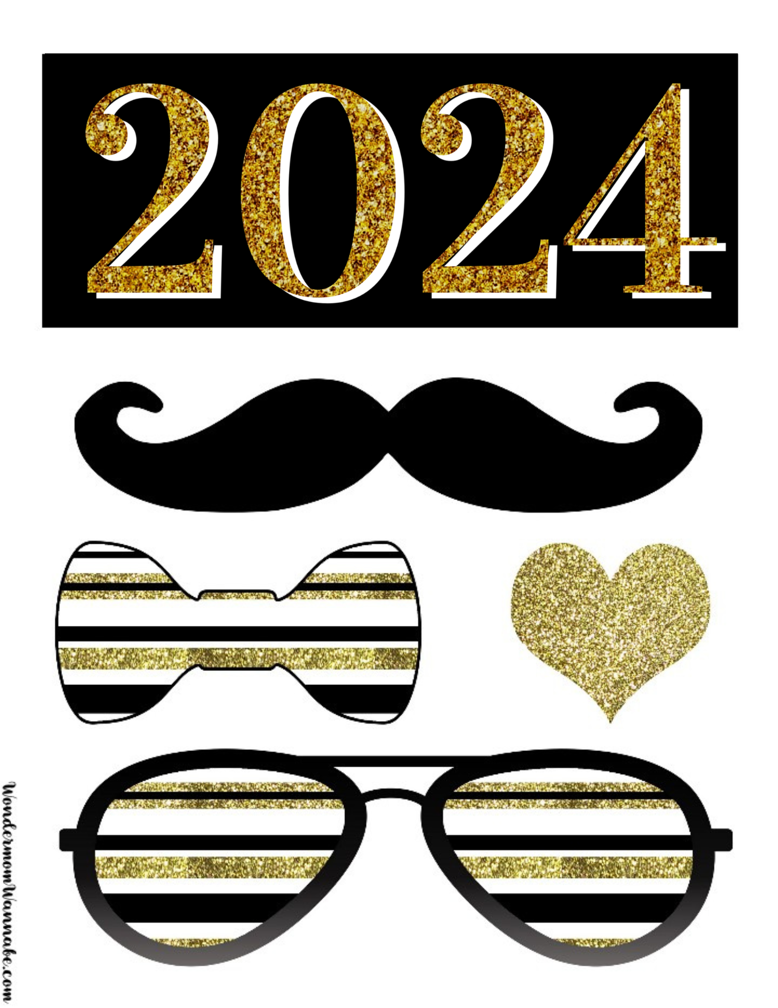 A printable, black and gold VIP Vault New Year's Eve Party Planning Kit featuring a mustache and glasses theme.