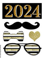 Load image into Gallery viewer, A printable, black and gold VIP Vault New Year&#39;s Eve Party Planning Kit featuring a mustache and glasses theme.
