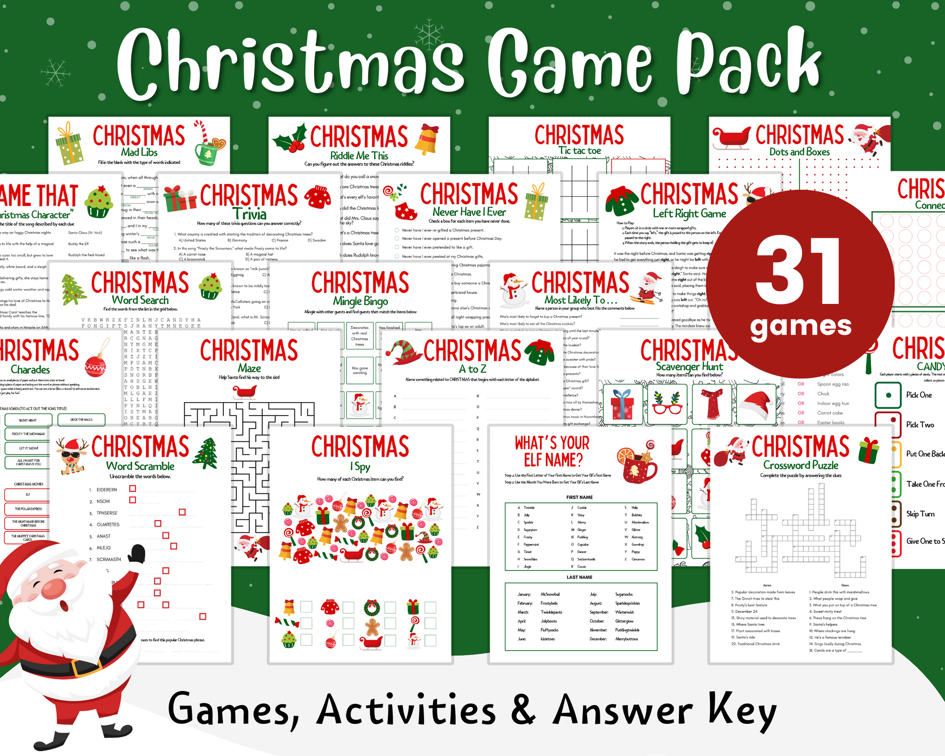 Image showcasing the Ultimate Printable Christmas Game Pack by Wondermom Shop, featuring a collection of 31 holiday games complete with worksheets and activities. Enjoy Christmas trivia, bingo, word scramble, and more, all presented on a festive green background with a cheerful Santa illustration.