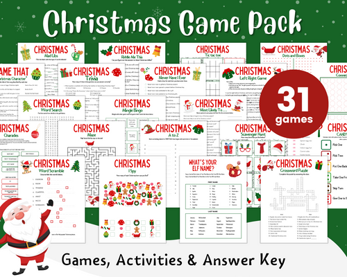 Image showcasing the Ultimate Printable Christmas Game Pack by Wondermom Shop, featuring a collection of 31 holiday games complete with worksheets and activities. Enjoy Christmas trivia, bingo, word scramble, and more, all presented on a festive green background with a cheerful Santa illustration.