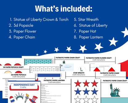 Image shows a list of patriotic projects from Wondermom Shop’s "Stars, Stripes & Scissors: 4th of July Crafts for Kids," featuring project titles and preview sheets on a festive red, white, and blue background.