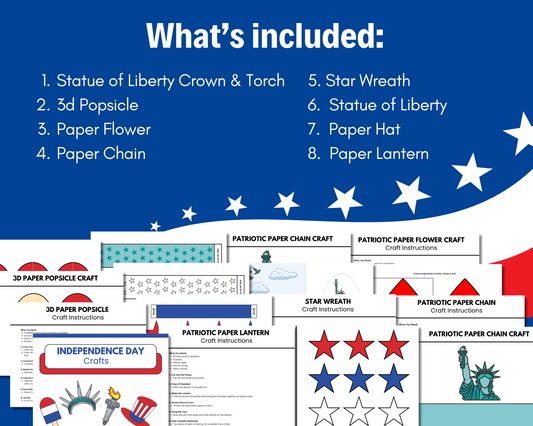 Image shows a list of patriotic projects from Wondermom Shop’s "Stars, Stripes & Scissors: 4th of July Crafts for Kids," featuring project titles and preview sheets on a festive red, white, and blue background.