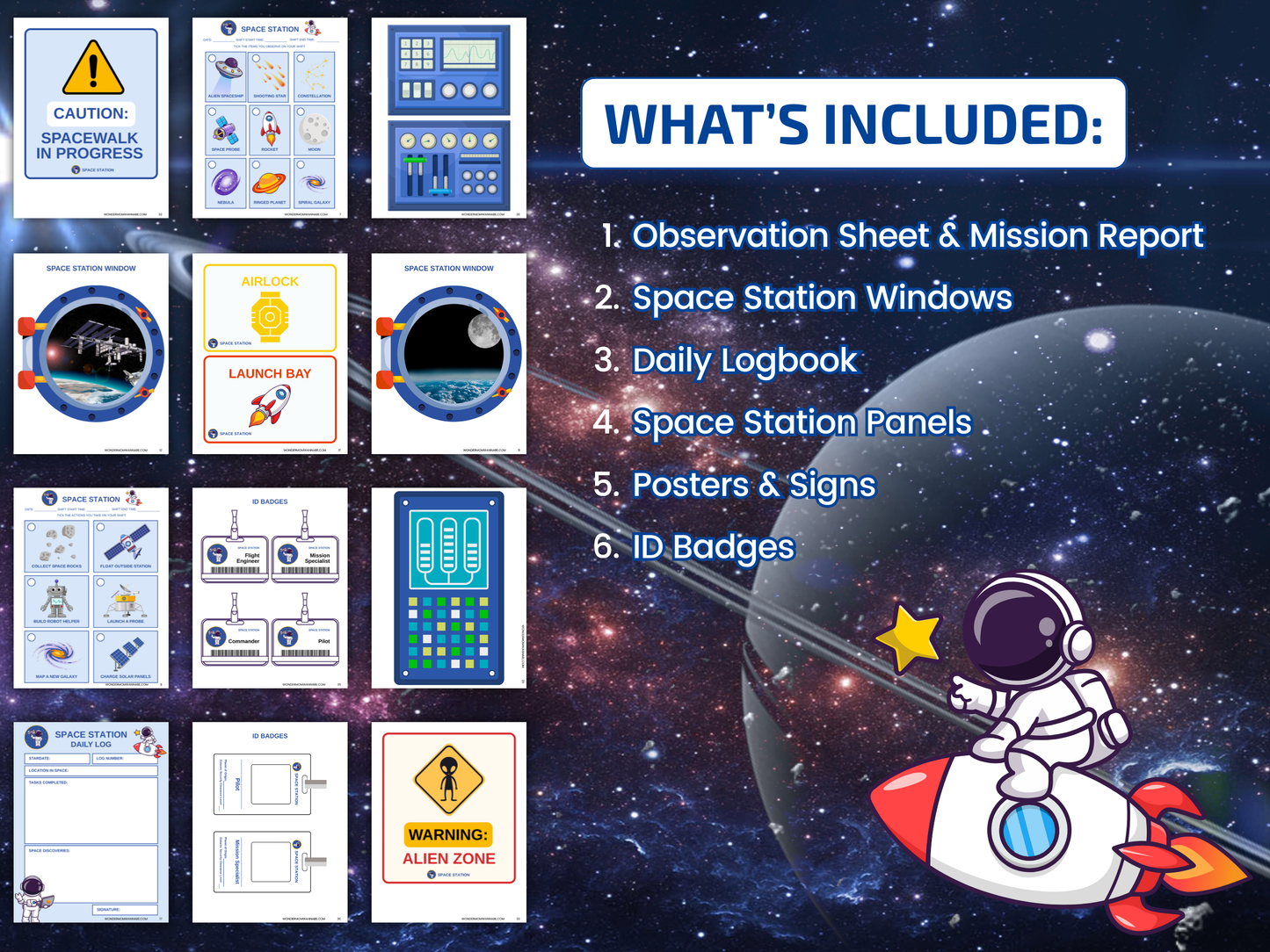 Space Station printable set featuring mission report, space station windows, daily logbook, space station panels, posters, signs, and ID badges for kids' pretend play.