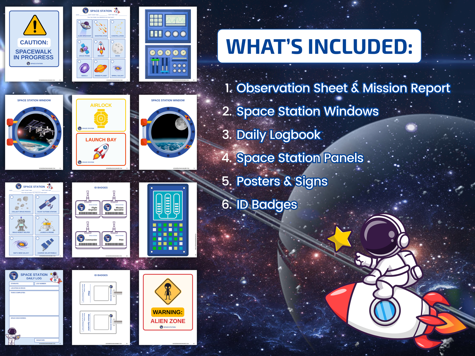 Space Station printable set featuring mission report, space station windows, daily logbook, space station panels, posters, signs, and ID badges for kids' pretend play.