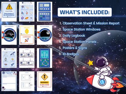 Space Station printable set featuring mission report, space station windows, daily logbook, space station panels, posters, signs, and ID badges for kids' pretend play.